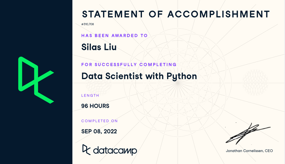 Datacamp — Data Scientist with Python Track (96 H) certificate